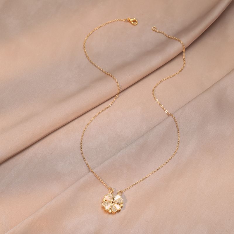 Compact Four-leaf Clover Fashion Magnetic Folding Heart Necklace Copper Micro-inlaid Electroplated Gold 4 Hearts_voghion.com