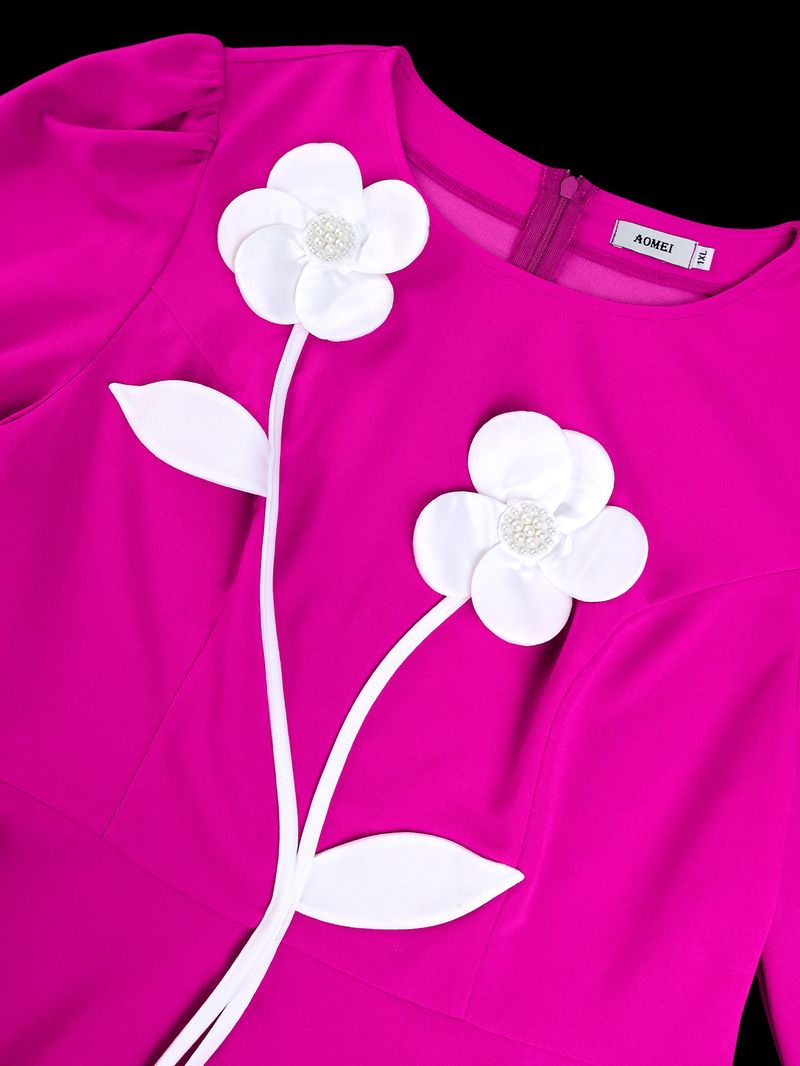 Camicetta da donna taglie forti con ricamo floreale 3D, maniche svasate e orlo arricciato - Elegante abbigliamento da lavoro in rosa_voghion.com