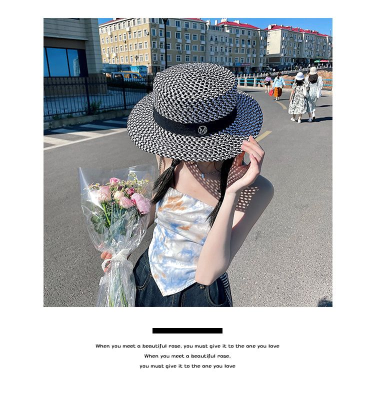 Nouveau chapeau haut de forme à grille de diamant noir et blanc pour les vacances à la plage, chapeau de protection solaire et pare-soleil, grande circonférence de la tête, petit visage, chapeau de soleil rétro français_voghion.com