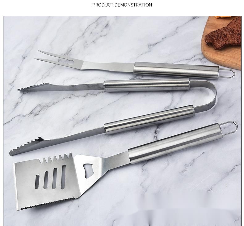 Stainless Steel Grilling Tools Set: Spatula, Tongs, Fork - Three-Piece BBQ Set For Camping, Outdoor, Family Dinners, And_voghion.com