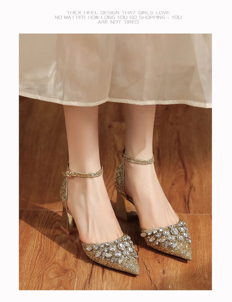 6666-3 Scarpe con tacco grosso, paillettes, strass, fibbia, cinturino singolo, abito da banchetto da sposa, tacchi alti, eleganti glitter_voghion.com