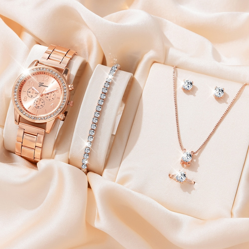 Ladies Luxury Wach Se, Anillo, Collar, Pendientes, Galletas, Moda, Informal, Ladies, Wach, Bracele, Reloj, 6 piezas_voghion.com