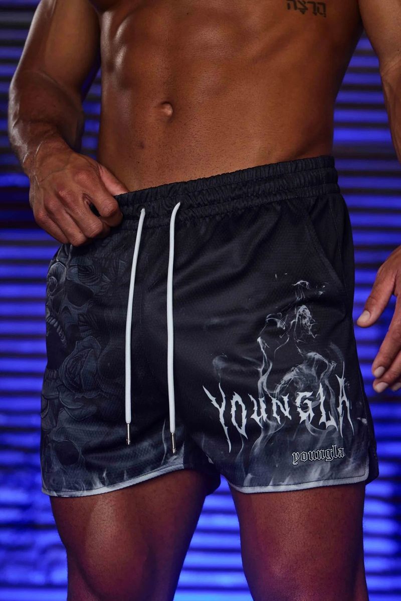Pantaloni scurți sport pentru bărbați, cu patru puncte, cu craniu, imprimare 3D, plasă, uscare rapidă, respirabil, pentru alergare pe plajă_voghion.com