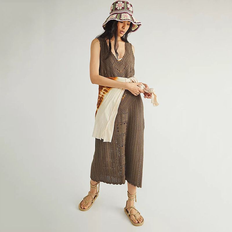 Damenbekleidung, Strand-Sonnenschutzhemd, Damen-V-Ausschnitt-Weste, geschlitztes Strickkleid, lässiger langer Rock_voghion.com