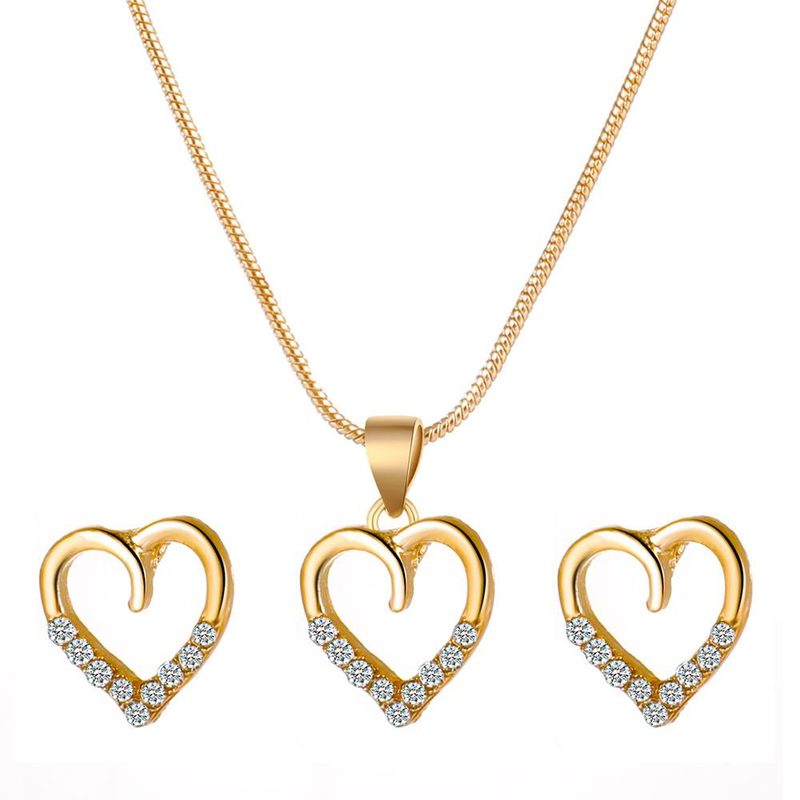 2 PCs Love Necklace Earring Set Minimalist Metal Zircon Peach Heart Sweater Chain _voghion.com