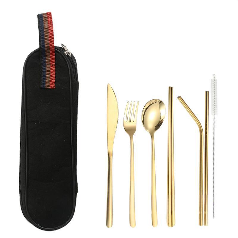 Ensemble de couverts haut de gamme en acier inoxydable 304, 8 pièces, couteau, fourchette, cuillère, baguettes, paille, pour les repas en plein air_voghion.com