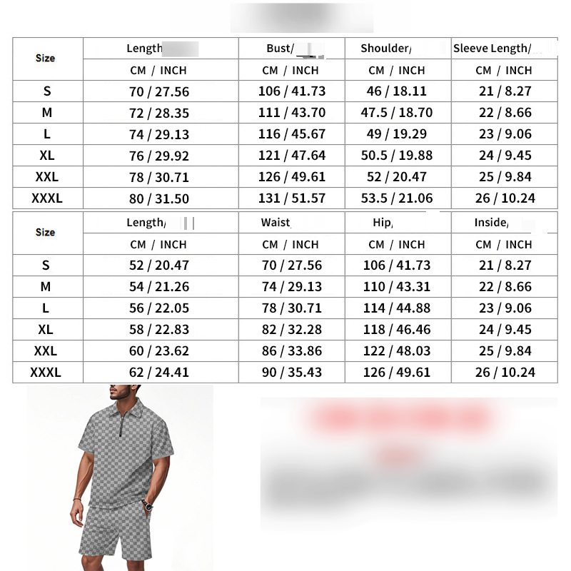 Herren Schweres, lockeres, lässiges, einfaches Poloshirt mit Schachbrettmuster und Reißverschluss, kurzärmelig, Shorts-Set_voghion.com