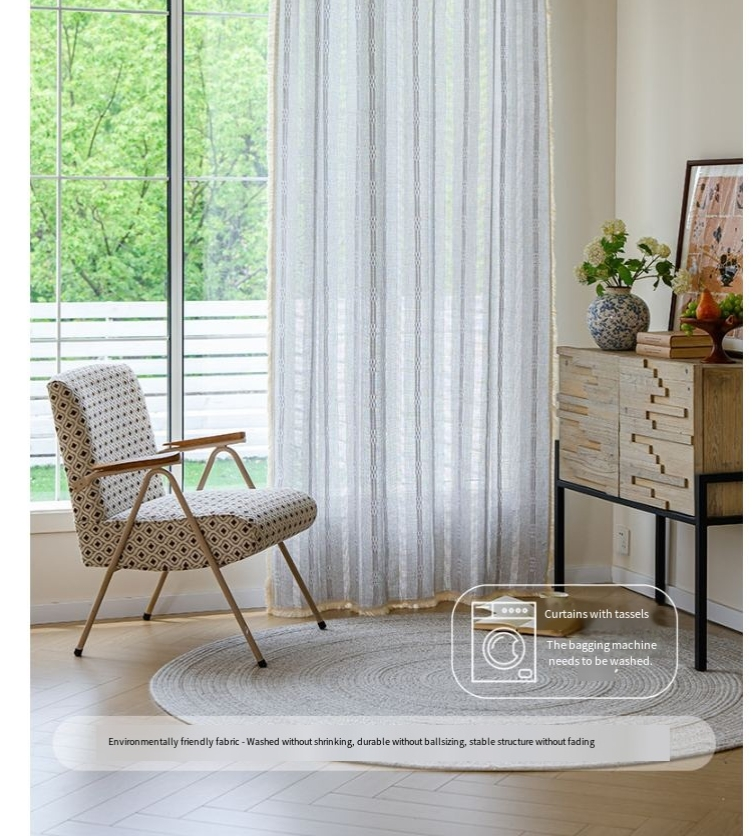 Cortinas de mistura de linho japonês - Painel de janela semitransparente com listras bordadas para cozinha/quarto, vários tamanhos e cores, bolso para haste/ganchos/ilhós_voghion.com