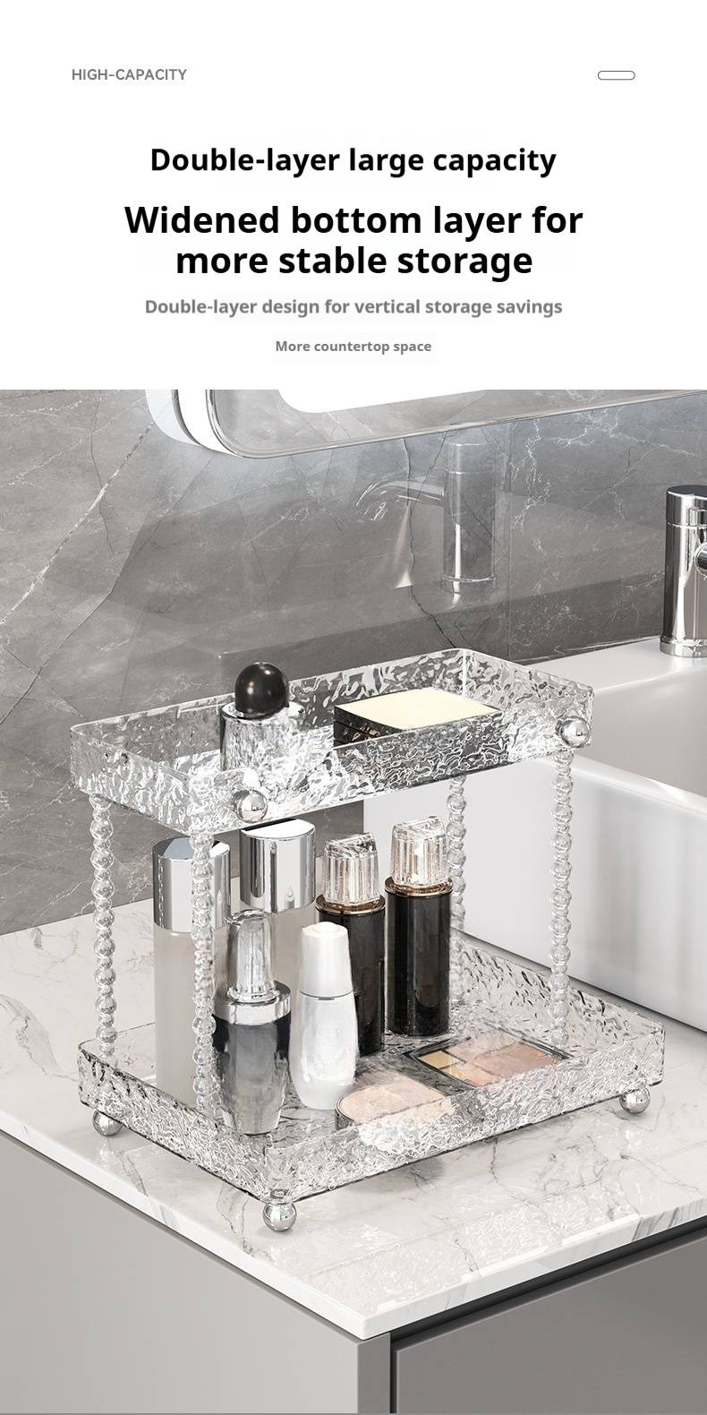 Organizer da bagno a 2 livelli - Mensola da appoggio per spazzolino da denti, cosmetici e prodotti per la cura della pelle (grigio trasparente, impermeabile, capacità 10 kg)_voghion.com