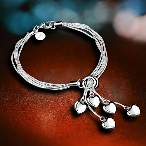 Silver Five-Line Chain With Five-Heart Bracelet Bangle_voghion.com