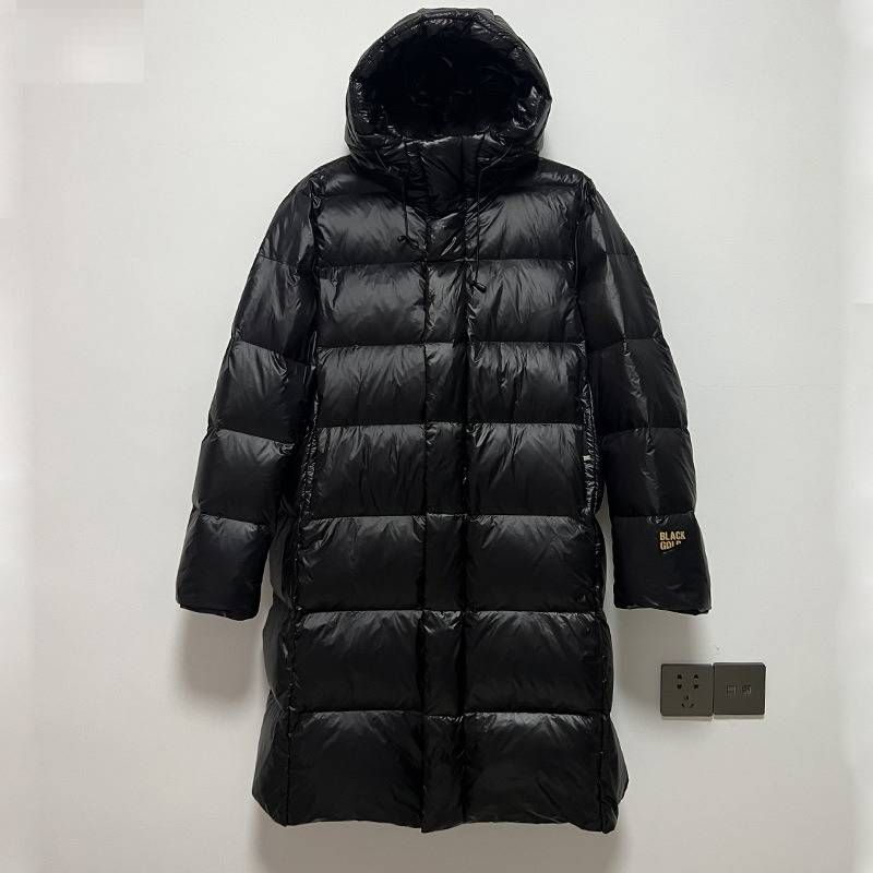 Unisex Black & Gold 7-Panel Long Down Coat, Knee-Length White Goose Feather Jacket, Thickened Winter Parka With High Neck_voghion.com