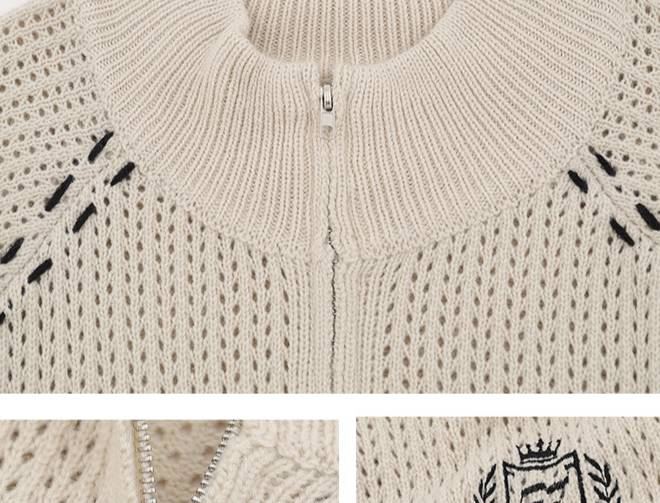Retro Embroidered Baseball Jacket, Open-Knit Drop Shoulder Zip-Up Cardigan In Beige & Black – Unisex Vintage Streetwear_voghion.com