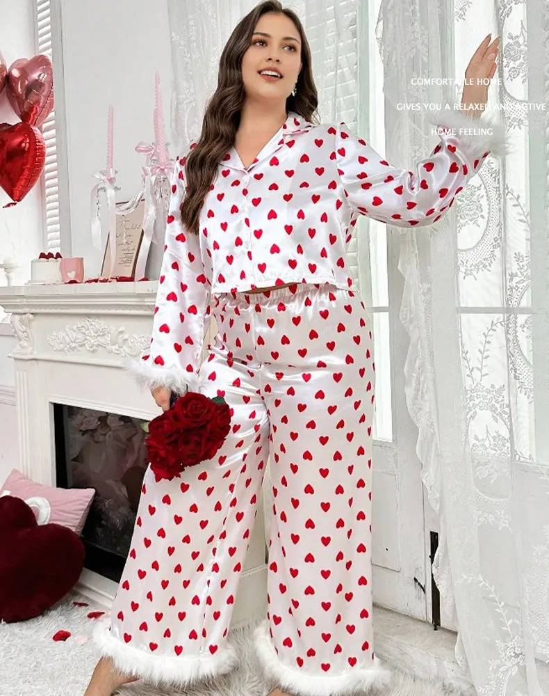 2025 Neue Damen-Übergrößen-Frühlings- und Herbst-Seidensatin-Herzdruckärmel-lange Hosen-Pama-Set Homewear_voghion.com