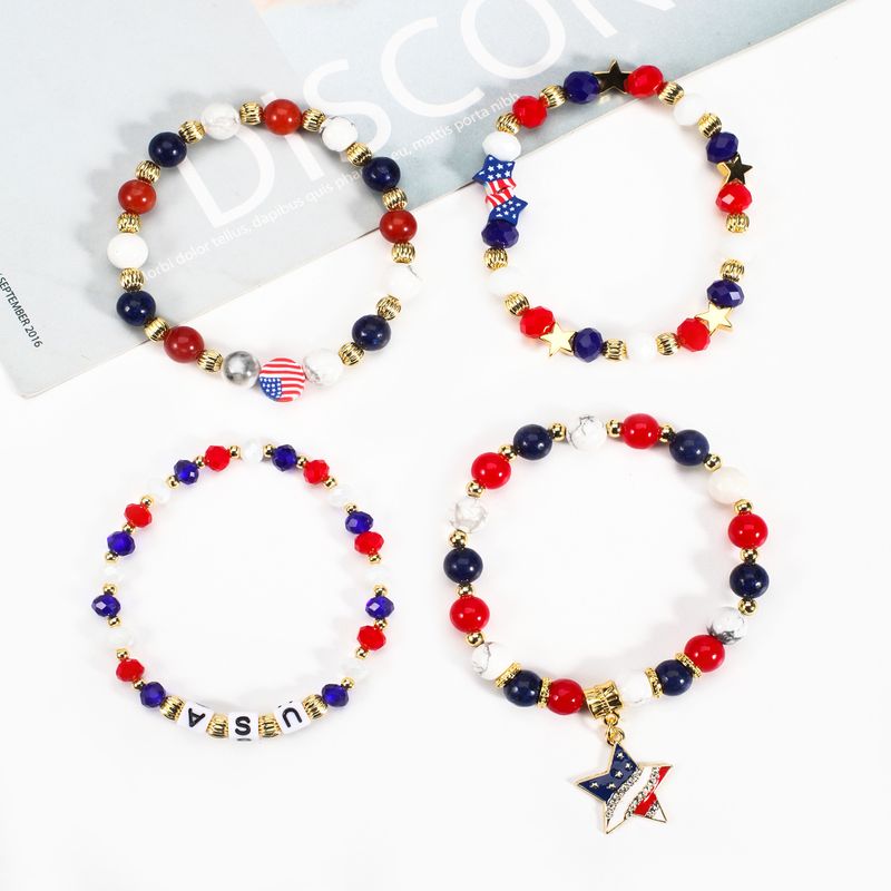 Handgefertigtes patriotisches Perlenarmband mit Natursteinen – USA-Flagge und Stern-Design – Unisex-Schmuck für Männer und Frauen, Größenverstellbar, Fünfzackiger Stern_voghion.com
