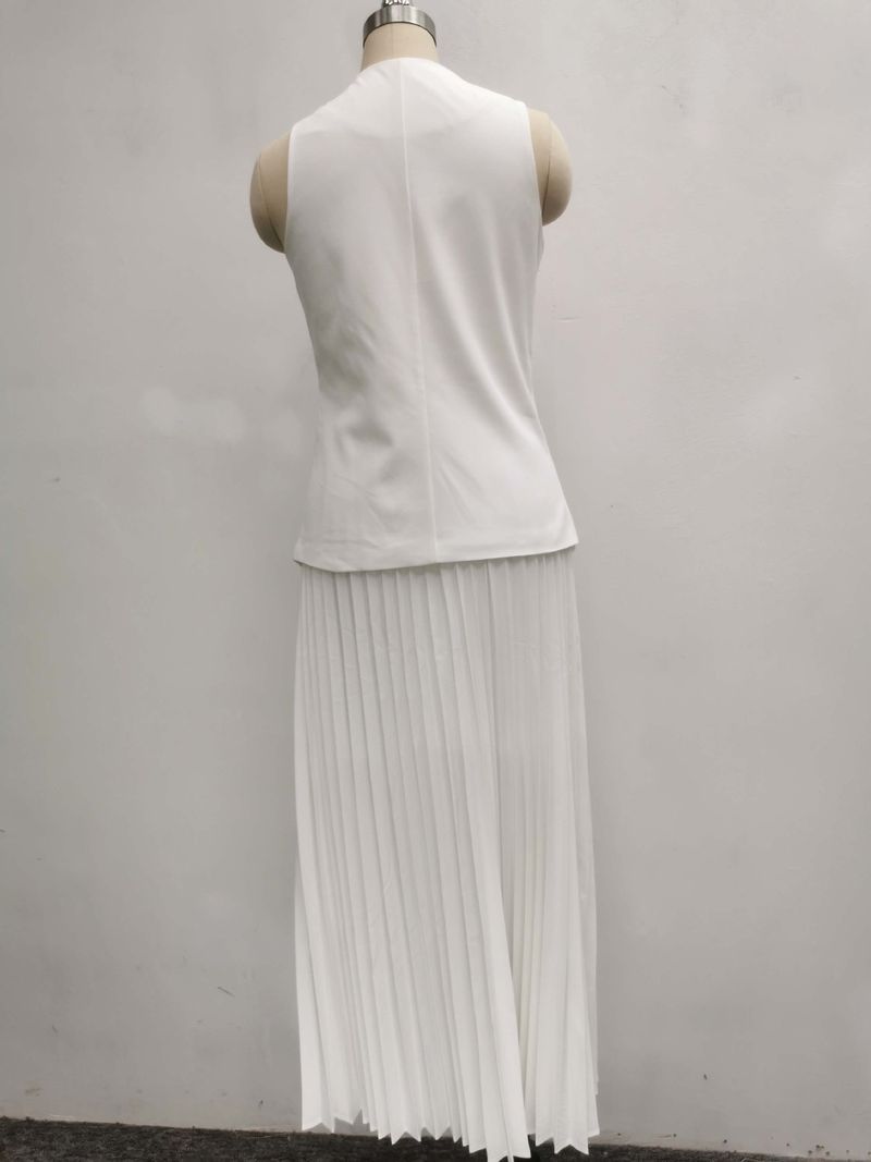 Vêtements pour femmes Costumes pour femmes Gilet sans manches d'été Fente Couleur unie Grande jupe plissée à volants Vêtements pour femmes Deux pièces Été_voghion.com