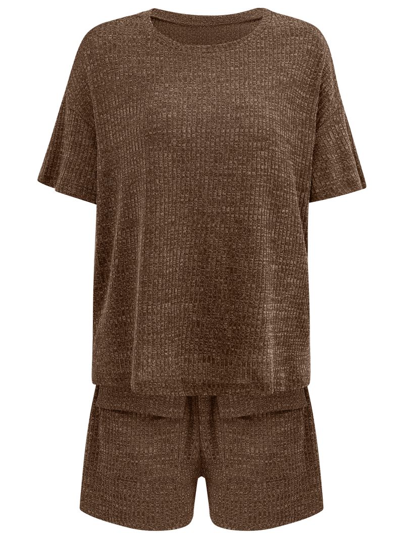 women's clothing casual style loose round neck solid color short-sleeved tops and shorts suits_voghion.com