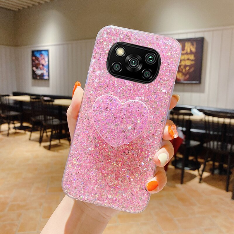 Läikiv Glitter Heart Love telefonihoidja ümbris Xiaomi POCO X3 NFC M3 Pro Coque pehme silikoonkaanele_voghion.com