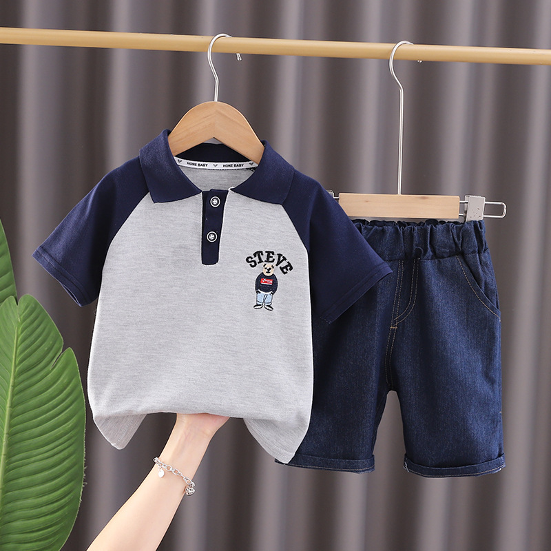 Set di magliette con risvolto per bambini Polo da 0 a 5 anni, pantaloncini in denim a maniche corte, cartone animato estivo_voghion.com