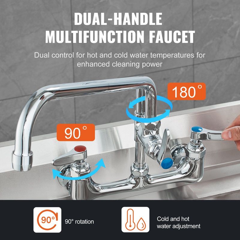 VEVOR Commercial Faucet With Pre-Rinse Sprayer, 25" Height, 8" Center, 12" Swing Spout, Wall Mount Kitchen Sink Faucet, Brass Constructed Device With Pull Down Spray, For 1/2/3 Compartment Sink_voghion.com