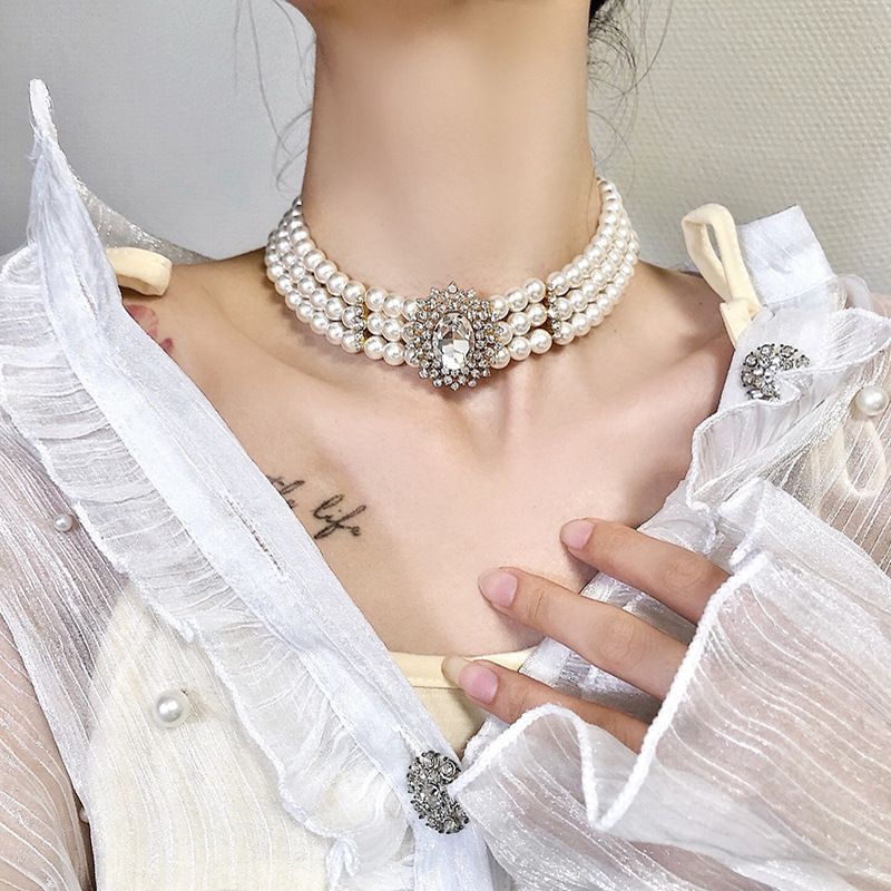 Crystal Pearl Multi-layer Short Choker Necklace Design Light Collar De Perlas_voghion.com