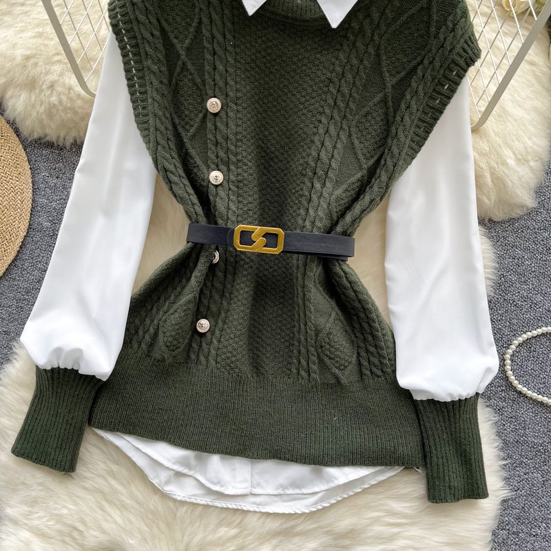 Women's Clothing Two Piece Suit Fashionable And Versatile Sleeveless Twisted Knitted Vest With Long Sleeved Shirt Inside_voghion.com