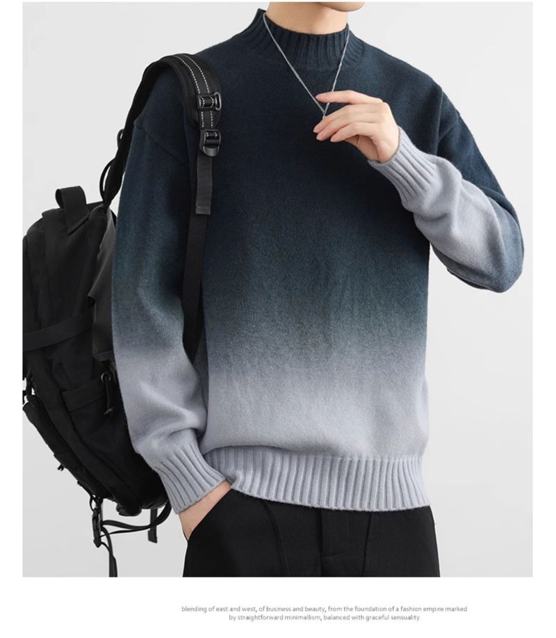 Herren-Strickpullover mit Ombré-Muster – Halbrollkragen, lockere Passform, Stretch-Polyestermischung (Armeegrün/Blaugrau/Beige/Dunkelgrün/Chinarot)_voghion.com