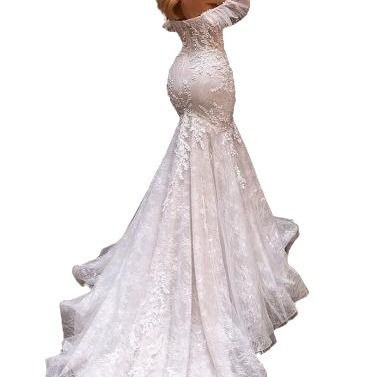 Women's large size lace one shoulder long dress with train hip fishtail wedding dress out of the main yarn long dress_voghion.com