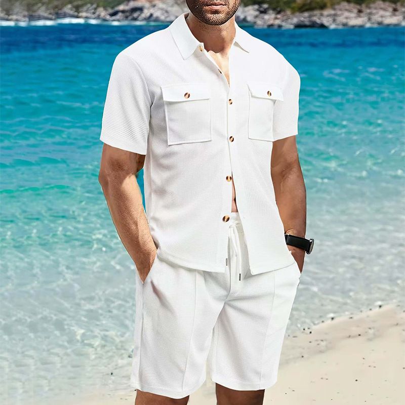 Ensemble deux pièces pour homme, chemise à manches courtes et short, couleur unie, gaufré, nouvelle collection été_voghion.com