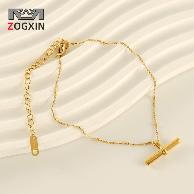 Minimalist Stainless Steel Gold-Plated Personality T-Bar Barbell Pendant Round Bead Chain Anklet For Women_voghion.com