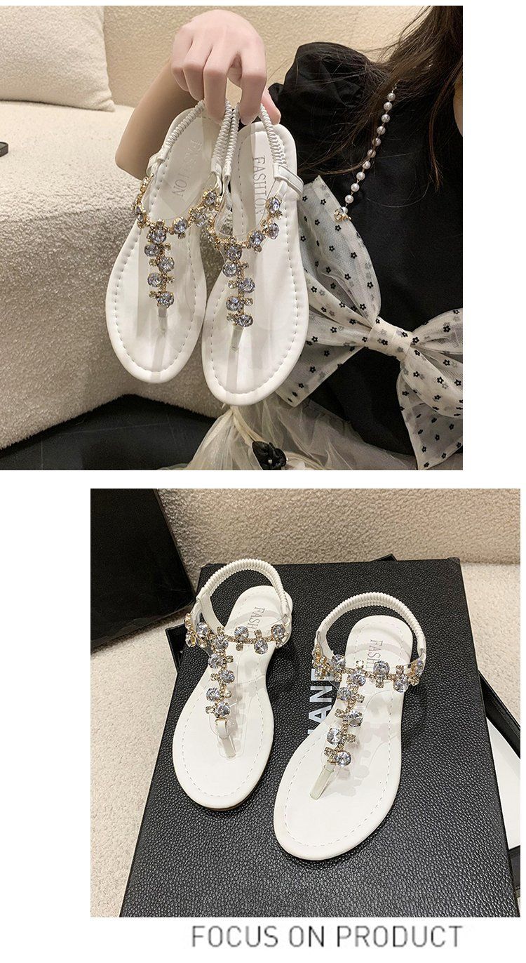 Sandales à entredoigts ornées de cristaux - Chaussures de plage plates style bohème glamour pour femmes, tongs d'été à lanières à porter avec des robes_voghion.com