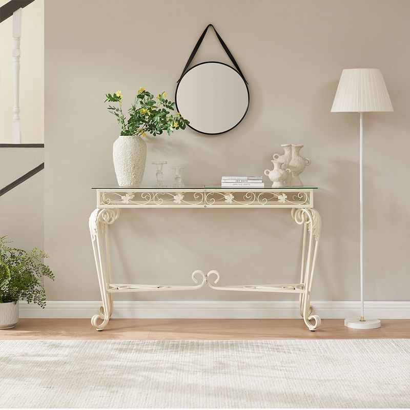 2-Tier Modern Tempered Glass Console Table,Entrance Table,Sofa Table With Storage Shelf,for Living Room,Entryway,Hallway,Metal Frame_voghion.com