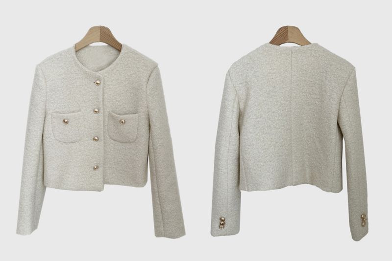 Eleganter kurzer Wollblazermantel für Damen – Slim Fit, Rundhalsausschnitt, Herbst-Winter-Modeoberbekleidung (Weiß, Schwarz, Pink)_voghion.com