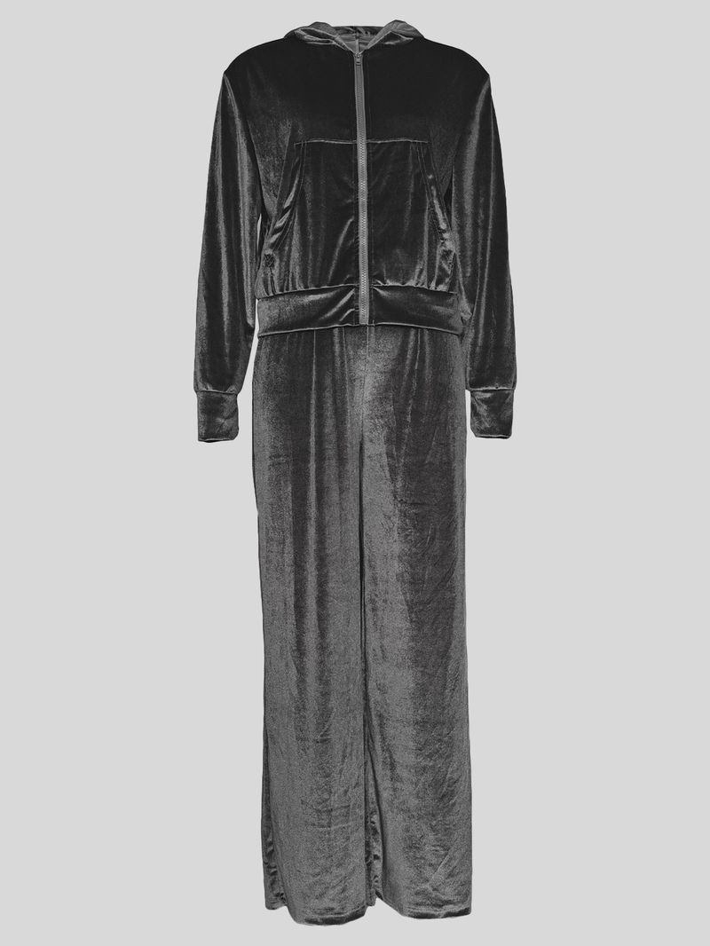 Damenbekleidung Frühling und Herbst Samt Lässig Einfarbig Langarm Reißverschluss Tasche Kapuzenoberteil Elastischer Taillenanzug_voghion.com