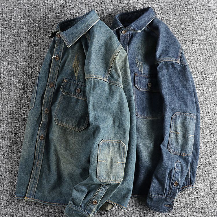 Herrenbekleidung Ärmelpatch-Nähte Stark verwaschenes, abgenutztes Retro-Jeanshemd Lockeres, steifes, trendiges Jugendhemd_voghion.com
