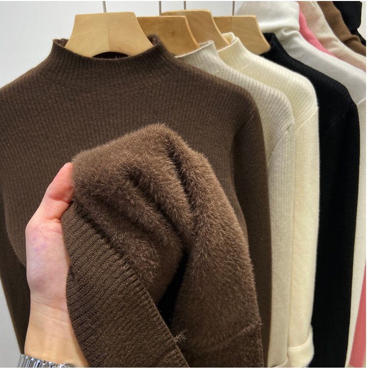 Maglia invernale da donna in maglia con fodera in pile, manica lunga, collo semi-dolce, strato di base termico, vestibilità slim, colore puro_voghion.com