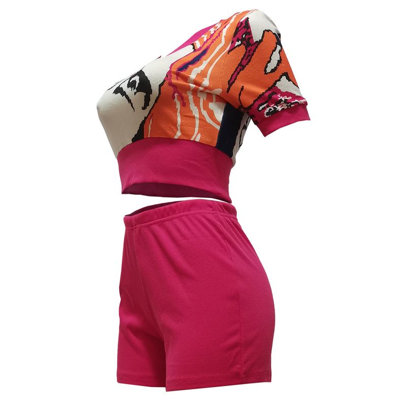 Women's Clothing Summer Printed Heart Shaped Collar Slim Sports Casual Suit_voghion.com