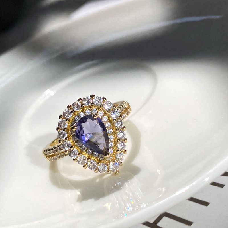 Mdalo Water Droplet Purple Group Set Imitation Mosang Radiant Ring Thick Gold Plated Colorful Treasure Light Luxury_voghion.com
