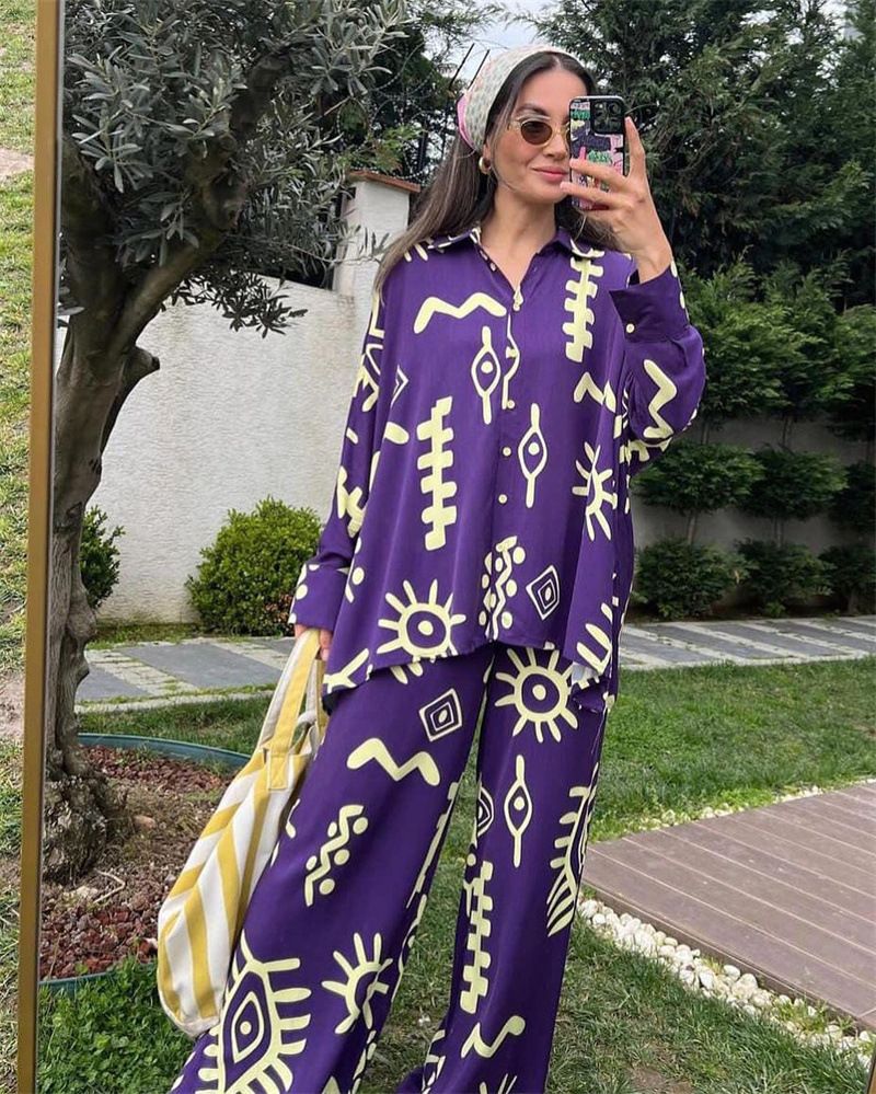 Abbigliamento da donna spot abbigliamento da donna 2024 nuova moda top larghi stampati con lacci pantaloni a vita alta gamba larga set due pezzi_voghion.com