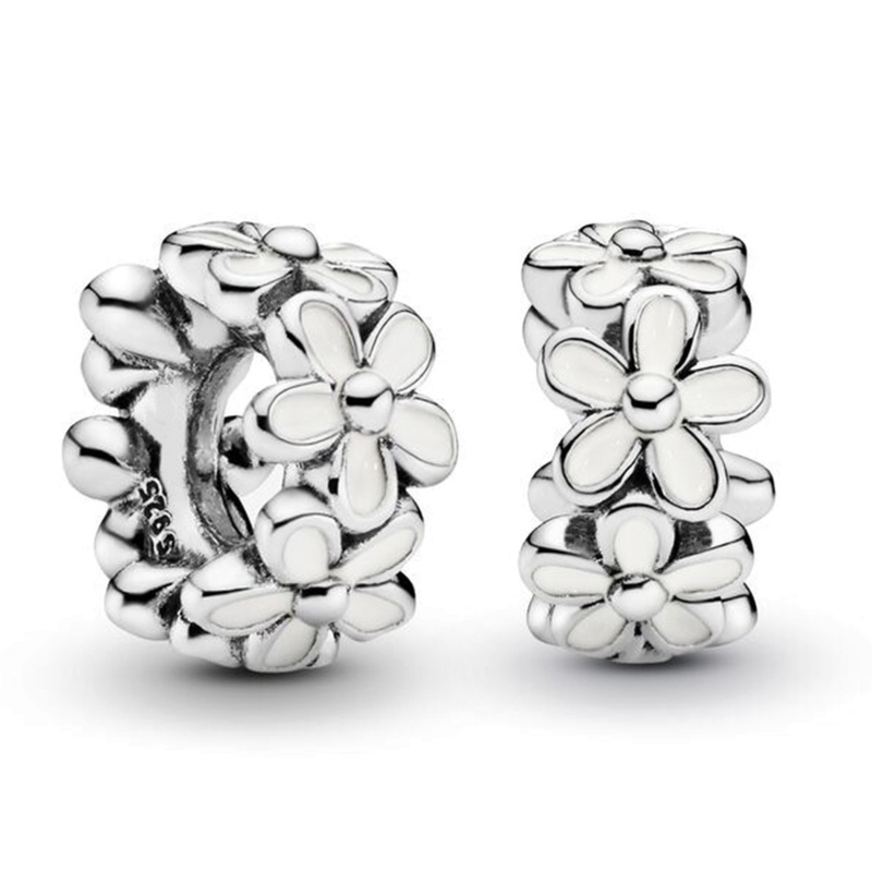 Beads Sier Plated White Daisy Flower Spacer Beaded Bracelet Retro DIY Loose Beads_voghion.com