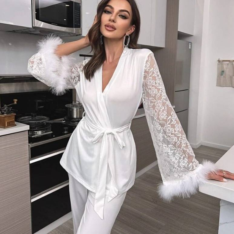 2025 cross border nieuwe stiksels kant v-hals pyjama badjas set_voghion.com