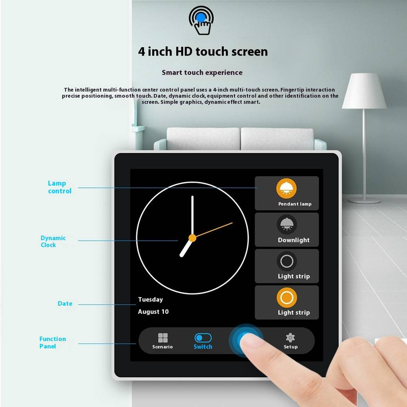 Interrupteur tactile intelligent 4 pouces - Contrôle de charge à 4 canaux et mode scène (double fonction, affichage plein écran, compatible Alexa/Google Home)_voghion.com