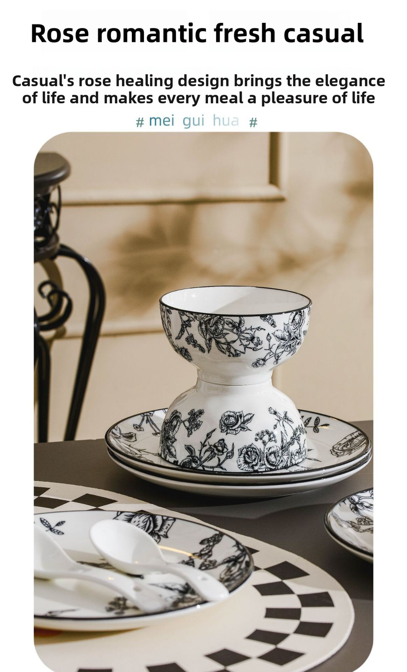 Rose-Patterned Ceramic Dinnerware Set - Under-Glaze Porcelain Gift Box For Housewarming_voghion.com