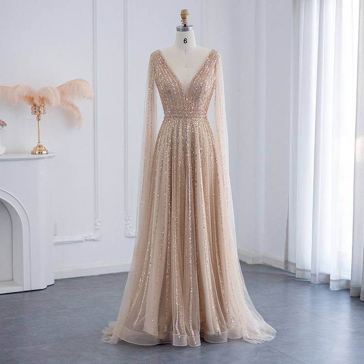 Women's Clothing Luxury Floor-Length Evening Gown With Flowing Sleeves – Slimming V-Neck, Waist-Cinching Design (Champagne/Pink/Blue/Green)_voghion.com