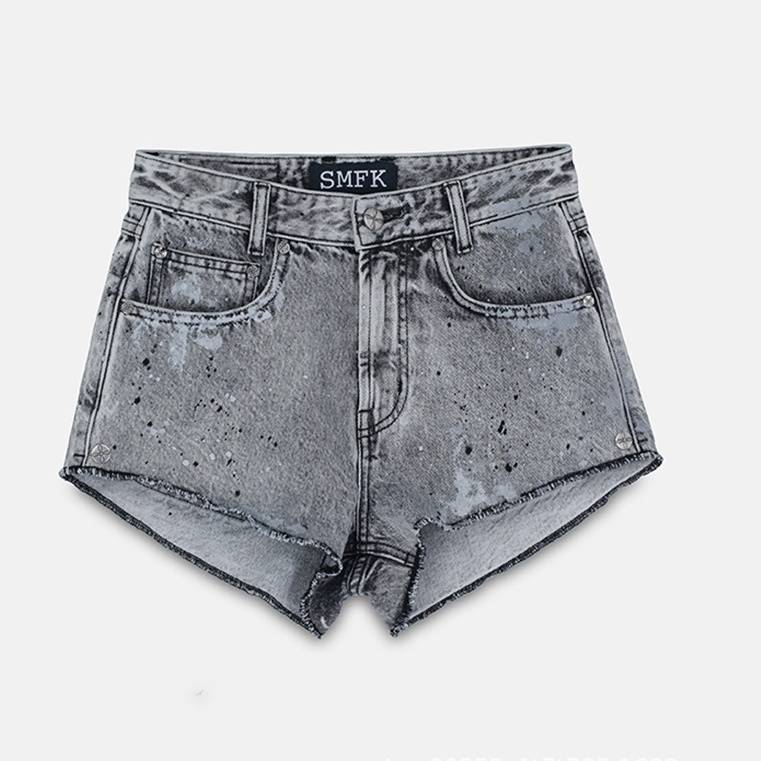 Short en jean taille haute à fleurs croisées peintes à la main, style vintage, en coton vieilli, pour femme, streetwear, mode_voghion.com