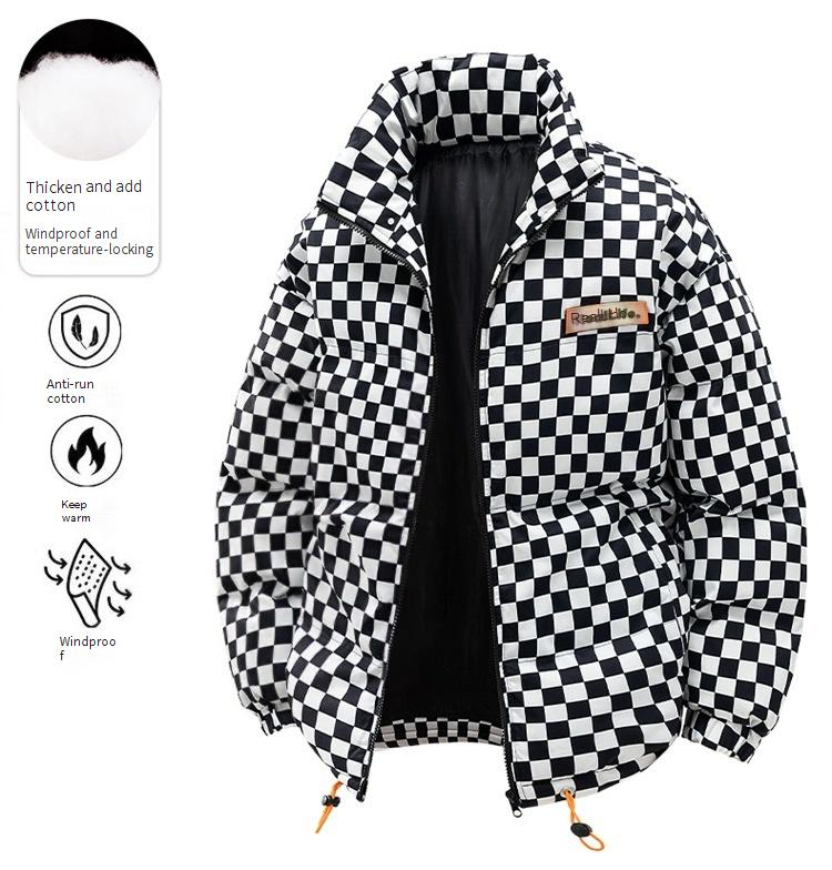 Unisex Winter Padded Coat With Stand Collar - Loose Fit Plaid Jacket For Men & Women (Green/Black)_voghion.com
