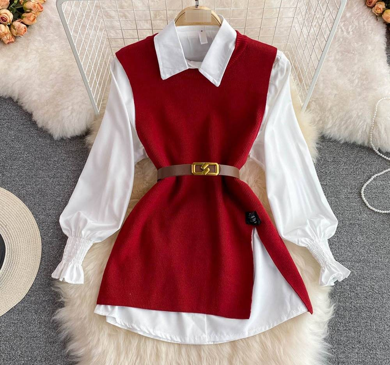 K Long-sleeved Suit With White Shirt, Sweater, Waistcoat, Age-reducing Loose Knitted Vest, Two-piece Set For Women_voghion.com