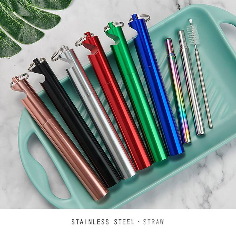 1pcs Portable Reusable Telescopic Collapsible Straw With Brush Key Buckle Bottle Opener Storage Box_voghion.com