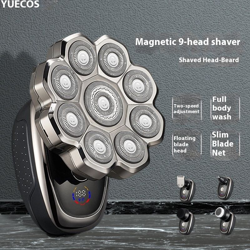 9-Blade Rotary Electric Shaver - IPX7 Waterproof, LED Display, USB Rechargeable, Low Noise 46dB, Floating Heads For Bald_voghion.com