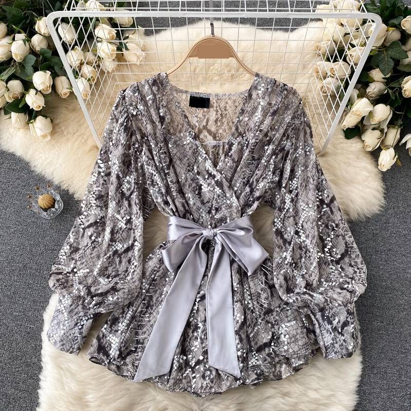 Camicia elegante con scollo a V e vita avvolgente, stampa serpente e maniche a sbuffo, vestibilità slim, stile retrò, da donna (fascia grigia/gialla/nera, taglia unica)_voghion.com