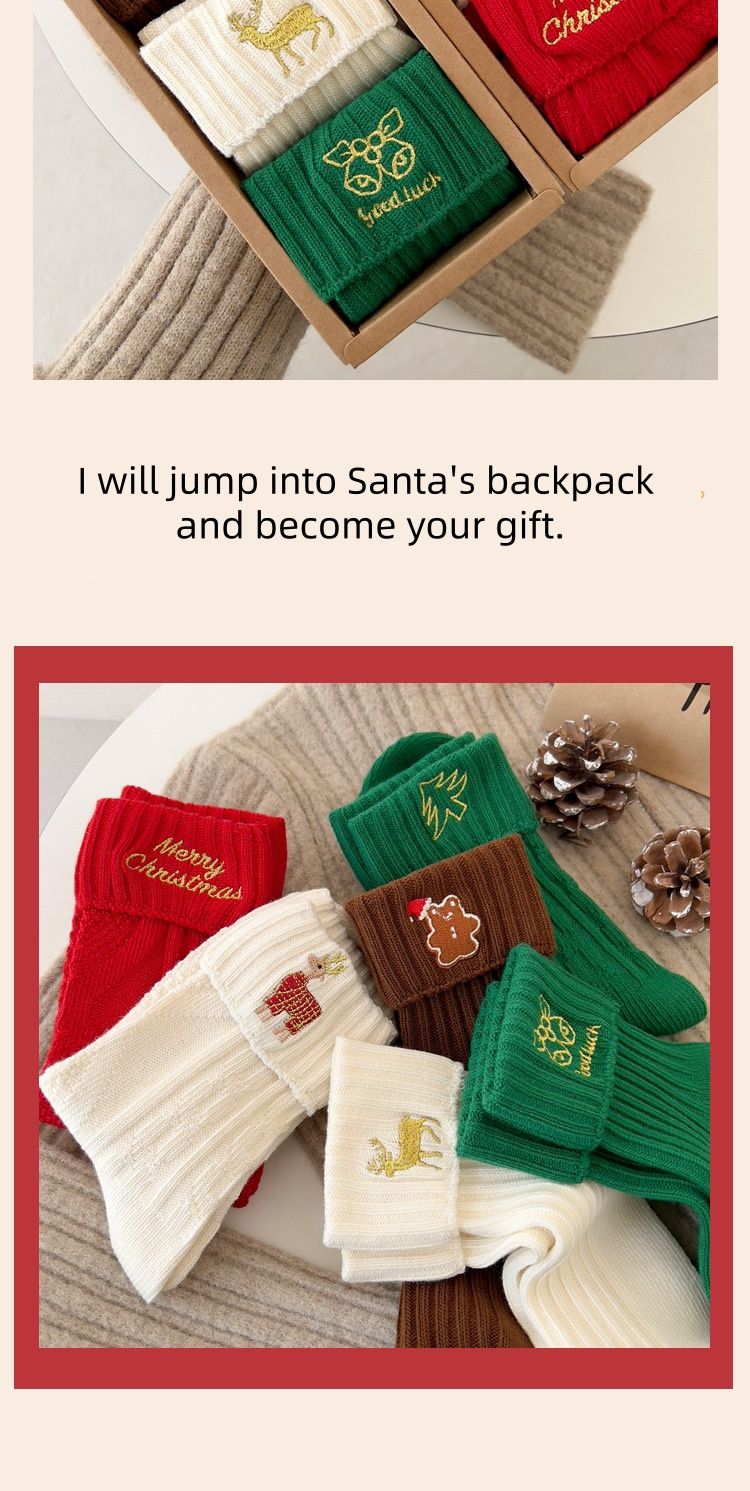 Calze di Natale, Calzini a metà tubo per bambini autunnali e invernali, Calzini rossi di cotone per Capodanno, Calzini alla moda con simpatici cartoni animati ricamati_voghion.com